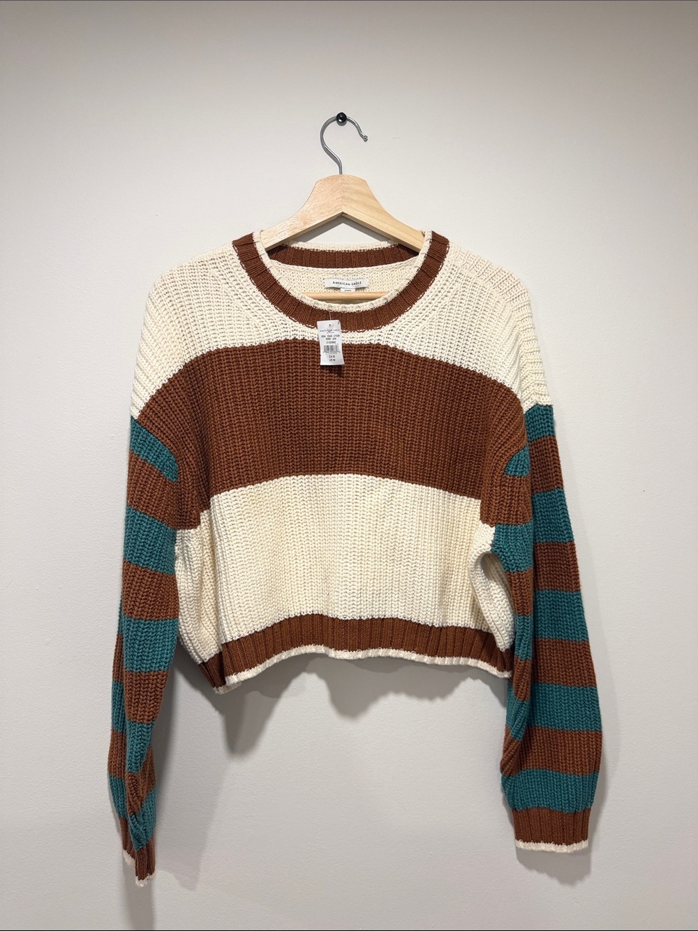 American eagle Striped Cropped Crewneck Sweater - Brown, Cream & Teal